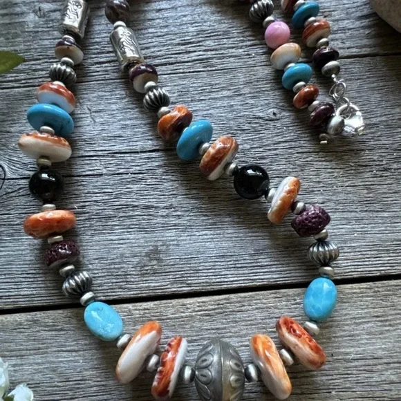Southwestern 925 Sterling Silver Multi Gem Stone W Pearls Bead Necklace. 26 inch